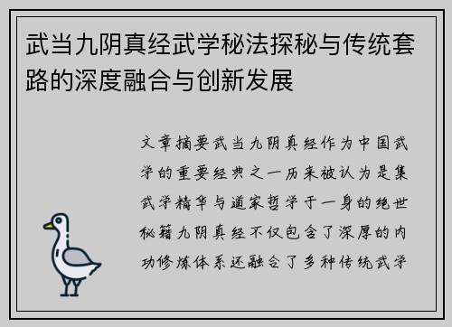 武当九阴真经武学秘法探秘与传统套路的深度融合与创新发展